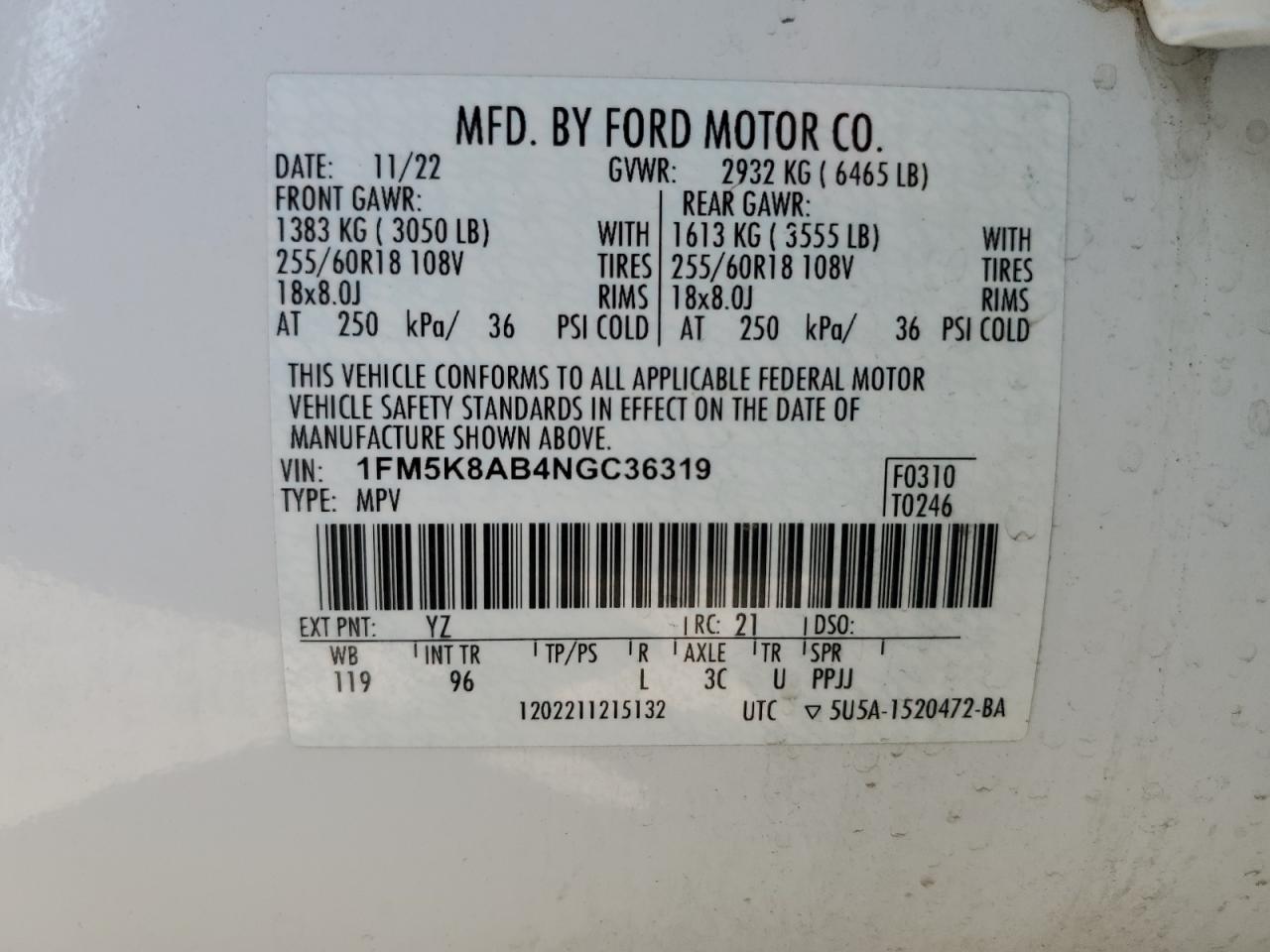 2022 FORD EXPLORER POLICE INTERCEPTOR VIN:1FM5K8AB4NGC36319