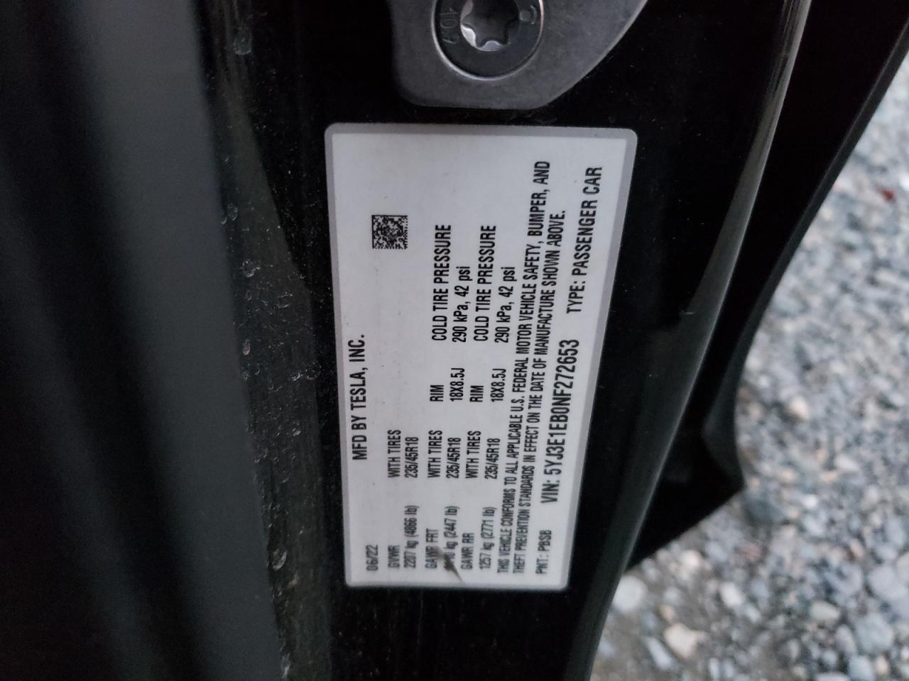 2022 TESLA MODEL 3 VIN:5YJ3E1EB0NF272653