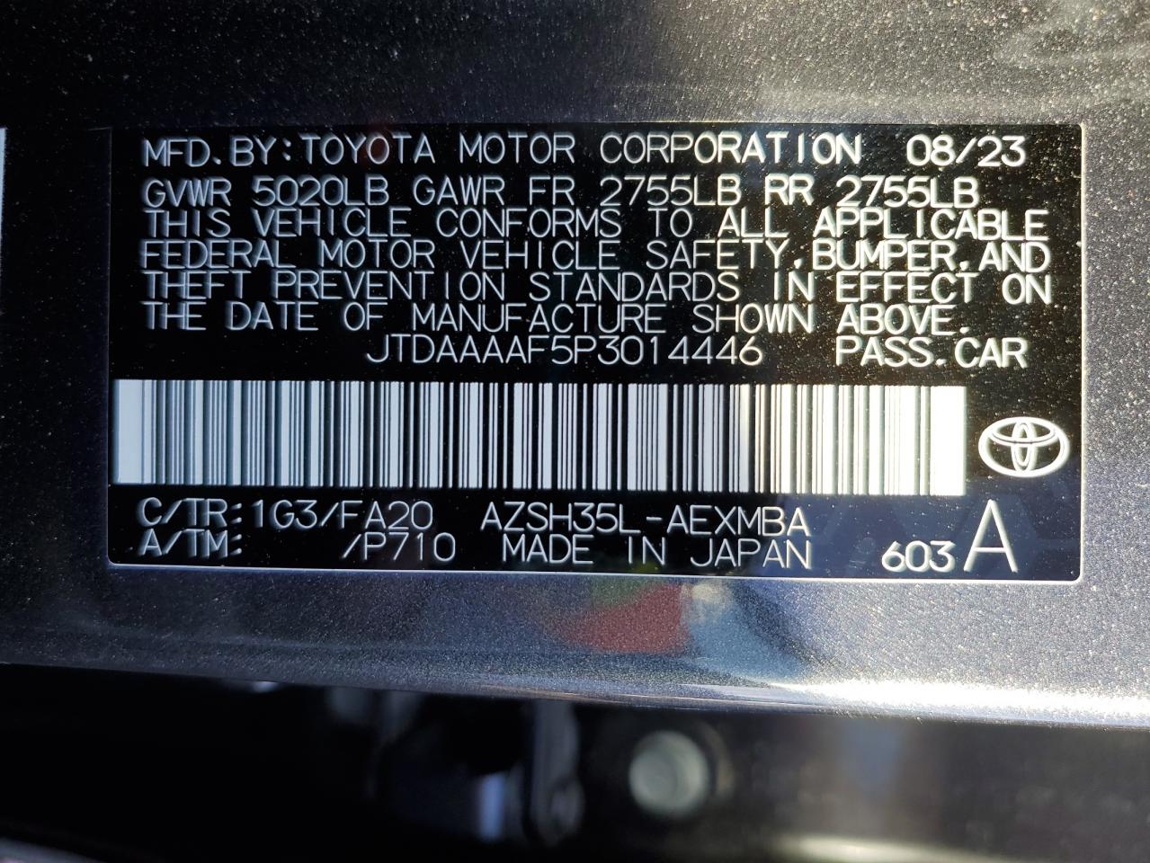 2023 TOYOTA CROWN XLE VIN:JTDAAAAF5P3014446