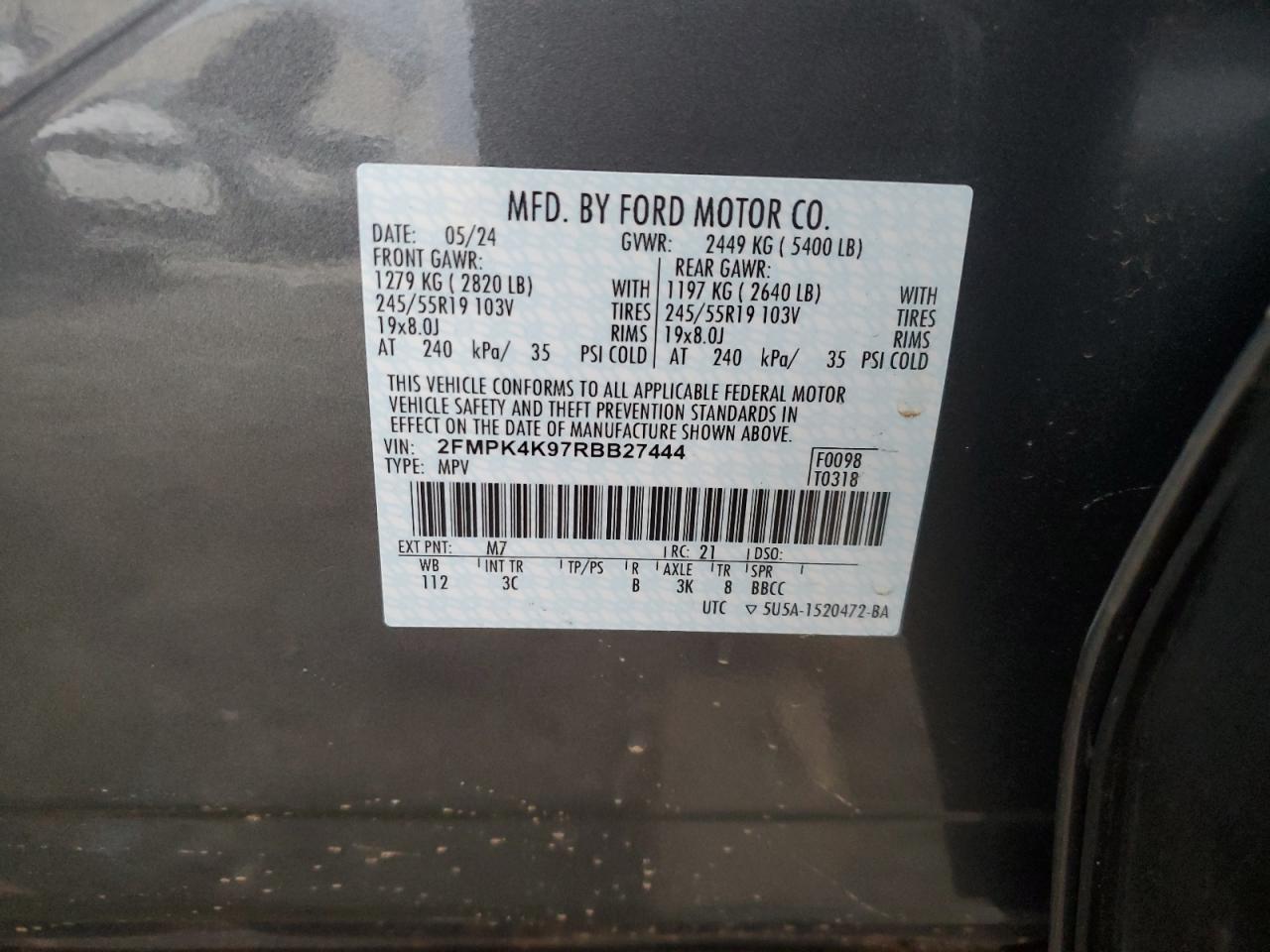 2024 FORD EDGE TITANIUM VIN:2FMPK4K97RBB27444