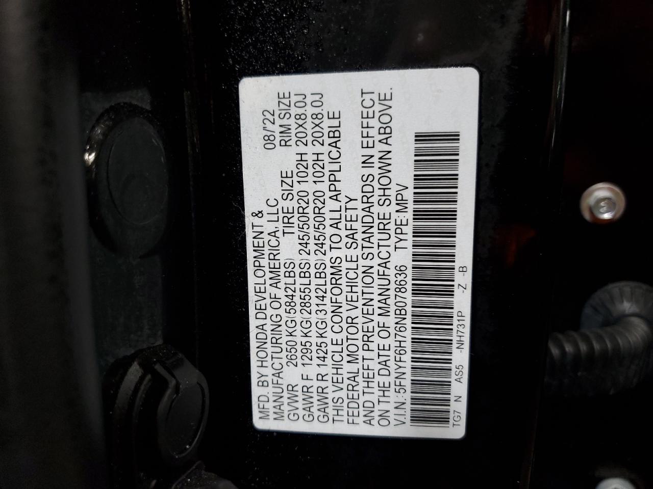 2022 HONDA PILOT BLACK VIN:5FNYF6H76NB078636
