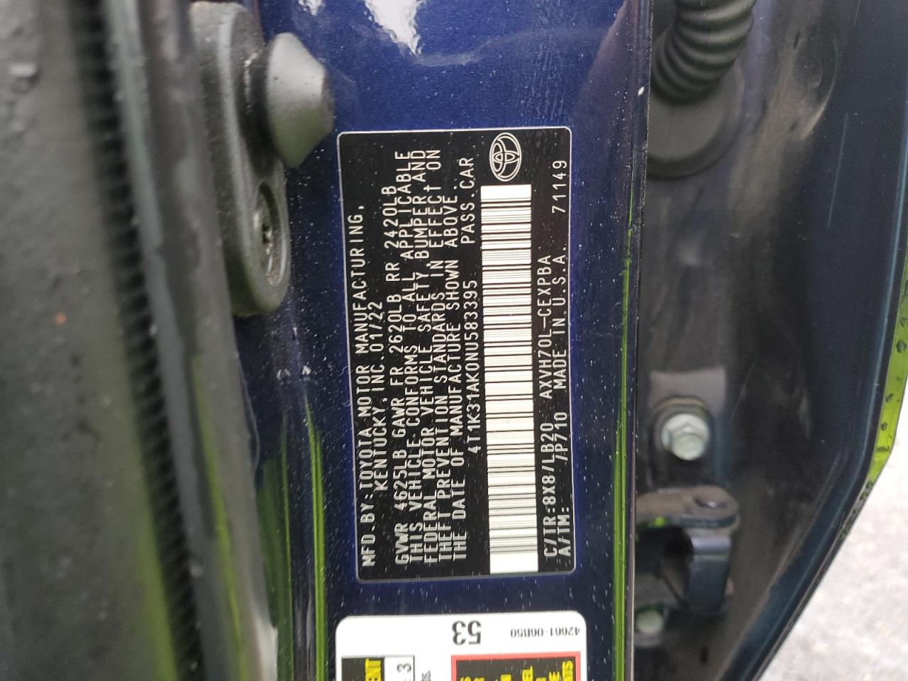 2022 TOYOTA CAMRY XSE VIN:4T1K31AK0NU583395