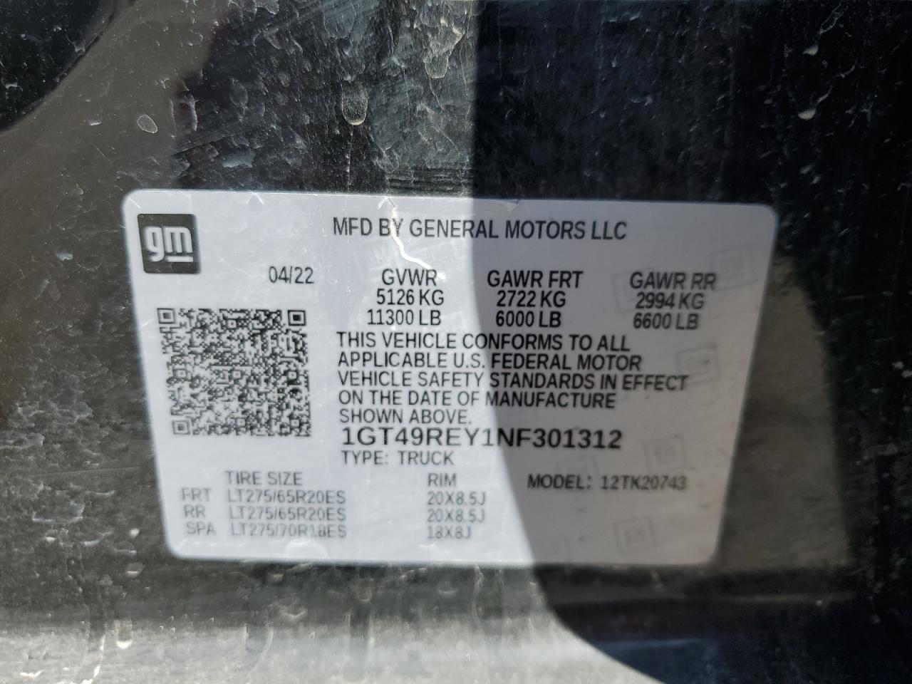 2022 GMC SIERRA K2500 DENALI VIN:1GT49REY1NF301312