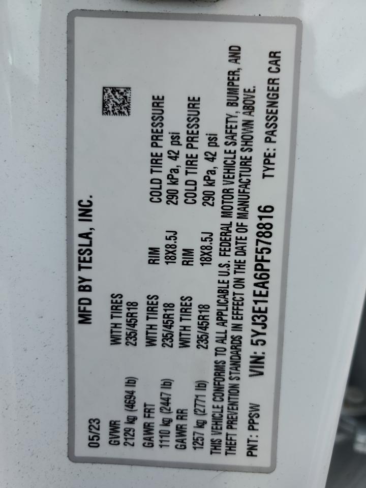 2023 TESLA MODEL 3 VIN:5YJ3E1EA6PF578816