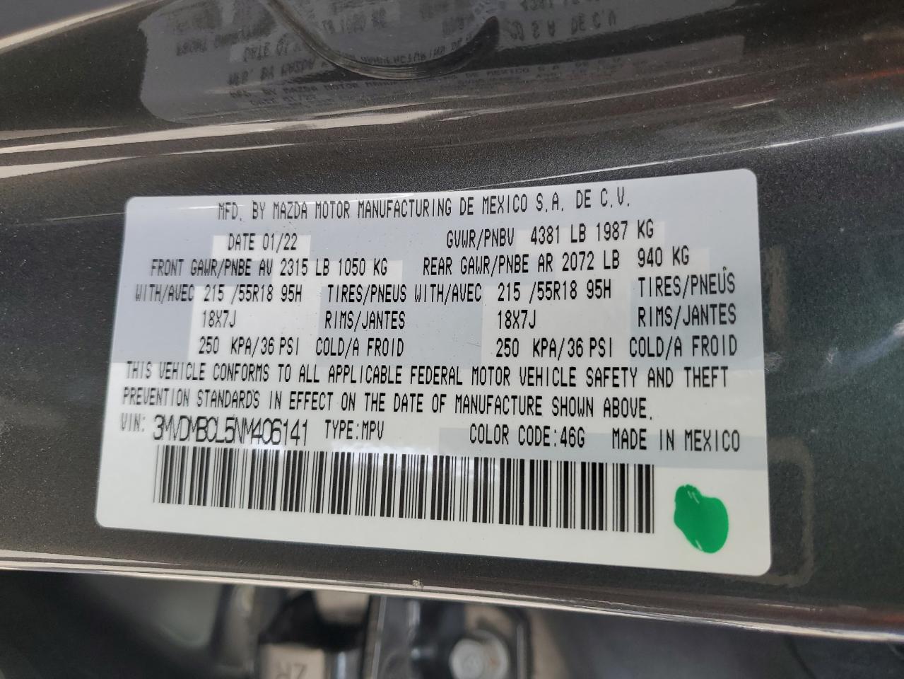 2022 MAZDA CX-30 PREFERRED VIN:3MVDMBCL5NM406141