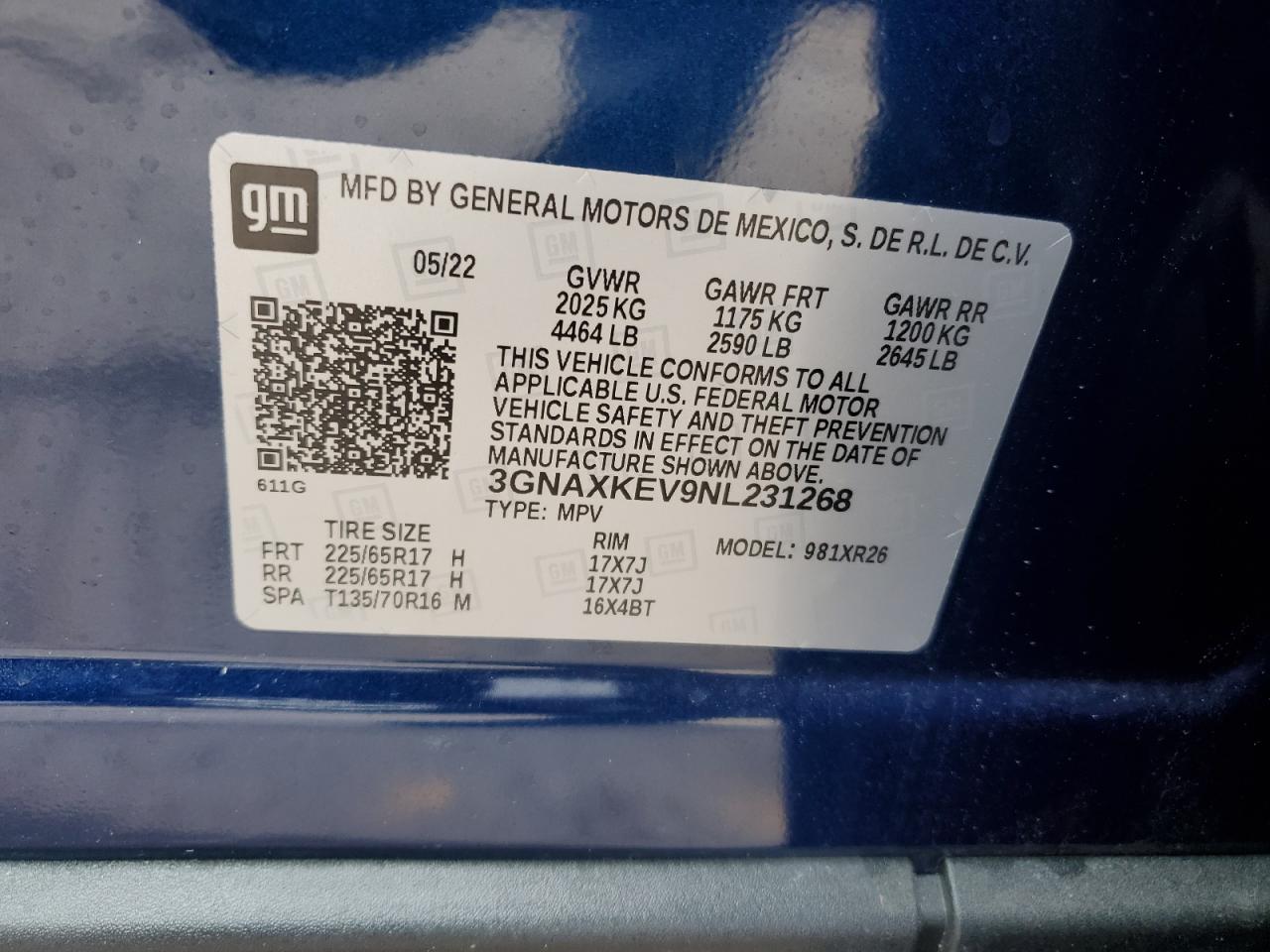 2022 CHEVROLET EQUINOX LT VIN:3GNAXKEV9NL231268