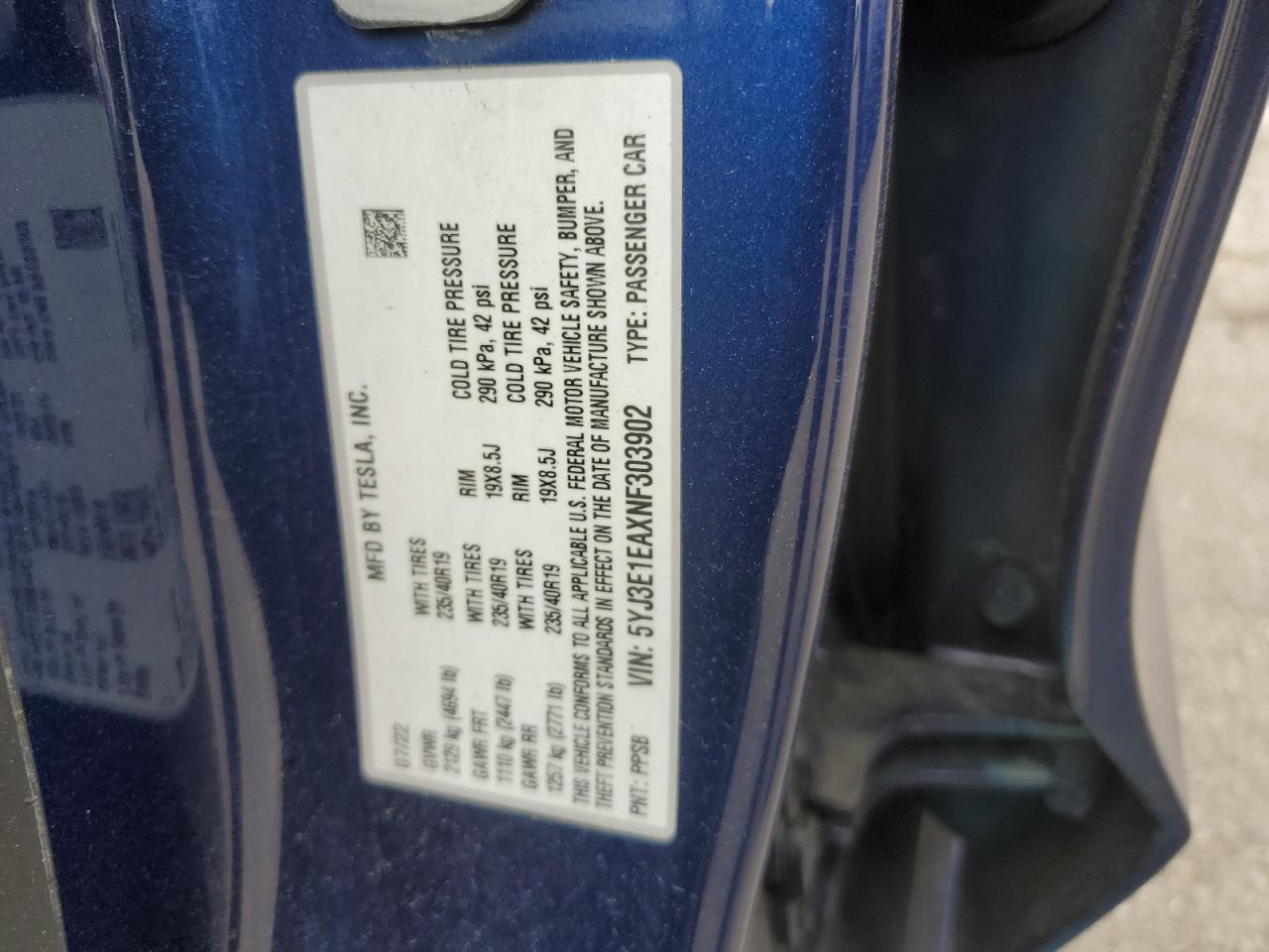 2022 TESLA MODEL 3 VIN:5YJ3E1EAXNF303902