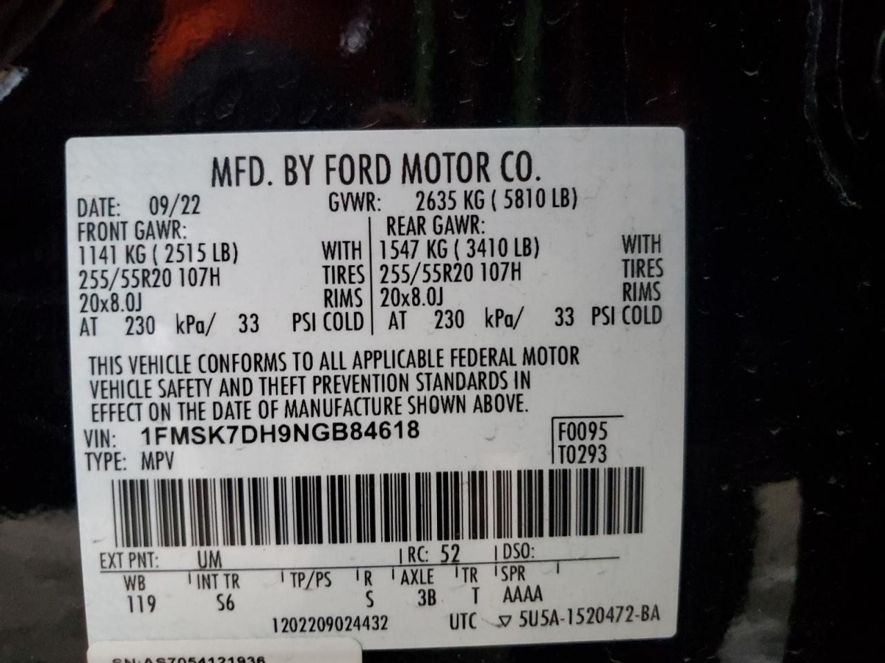 2022 FORD EXPLORER XLT VIN:1FMSK7DH9NGB84618