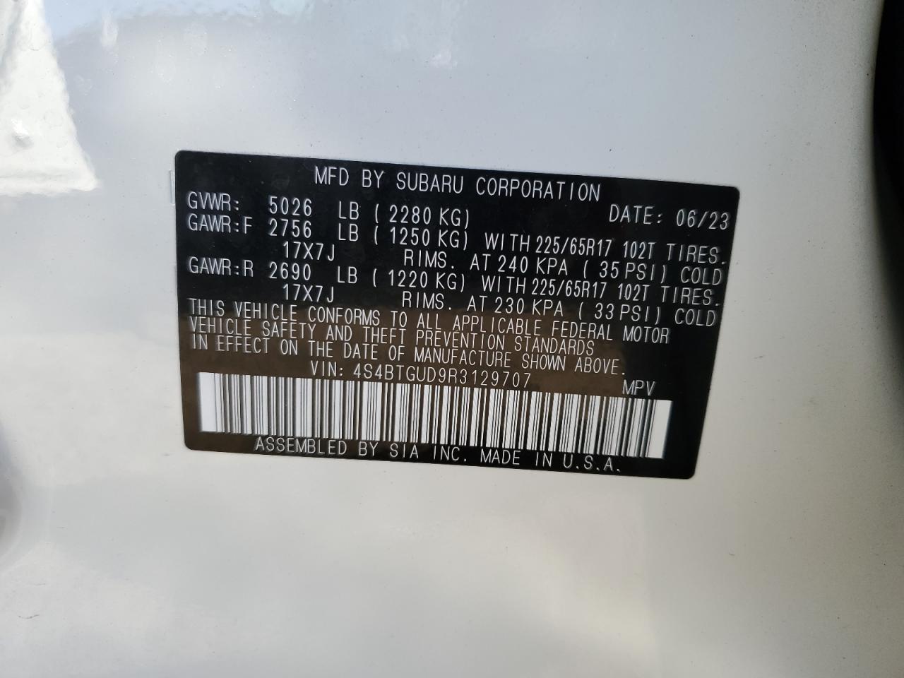 2024 SUBARU OUTBACK WILDERNESS VIN:4S4BTGUD9R3129707