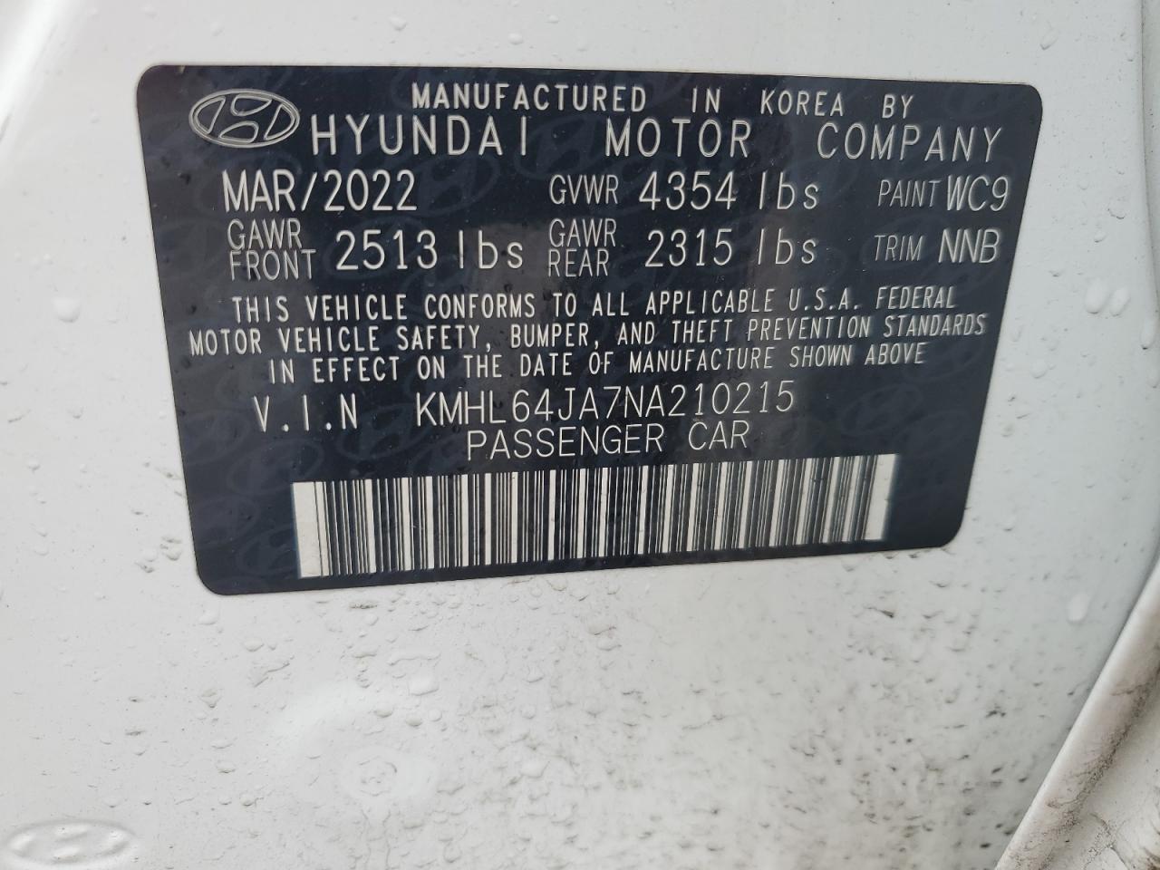 2022 HYUNDAI SONATA SEL VIN:KMHL64JA7NA210215