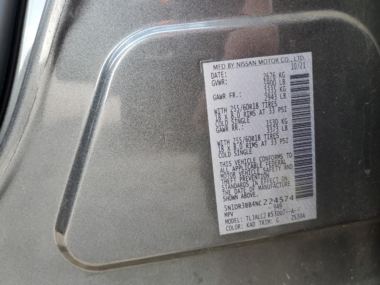 2022 NISSAN PATHFINDER SV VIN:5N1DR3BB4NC224574