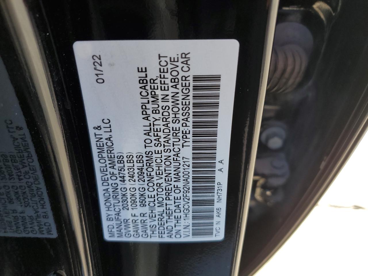 2022 HONDA ACCORD TOURING VIN:1HGCV2F92NA001217