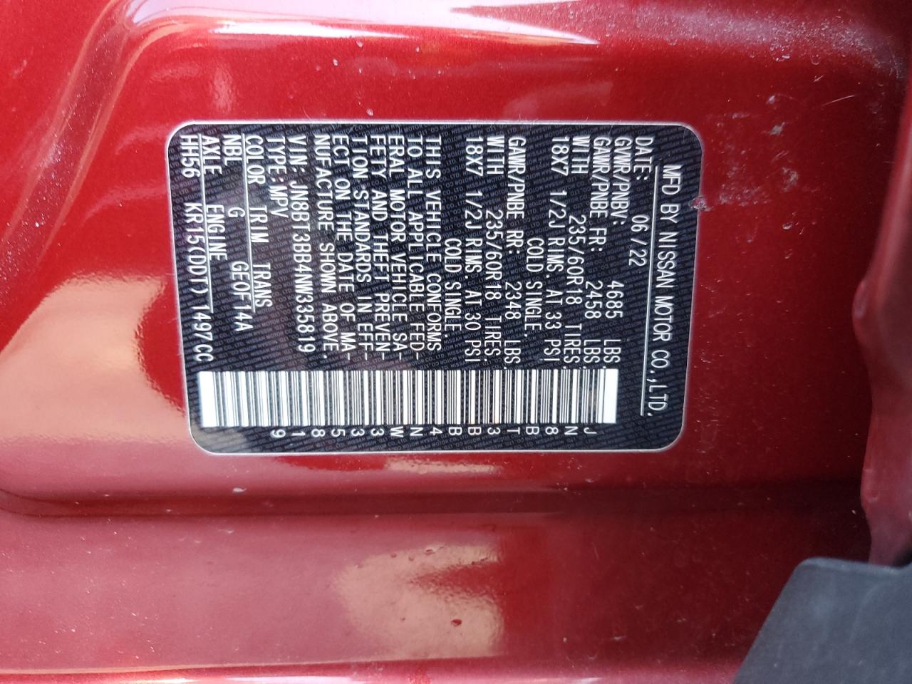 2022 NISSAN ROGUE SV VIN:JN8BT3BB4NW335819