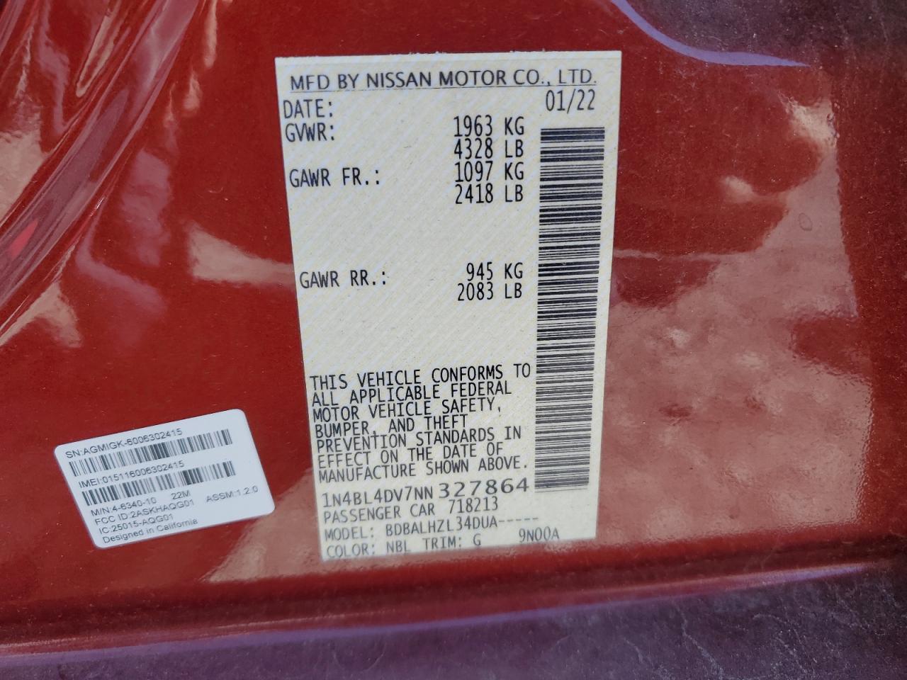 2022 NISSAN ALTIMA SV VIN:1N4BL4DV7NN327864