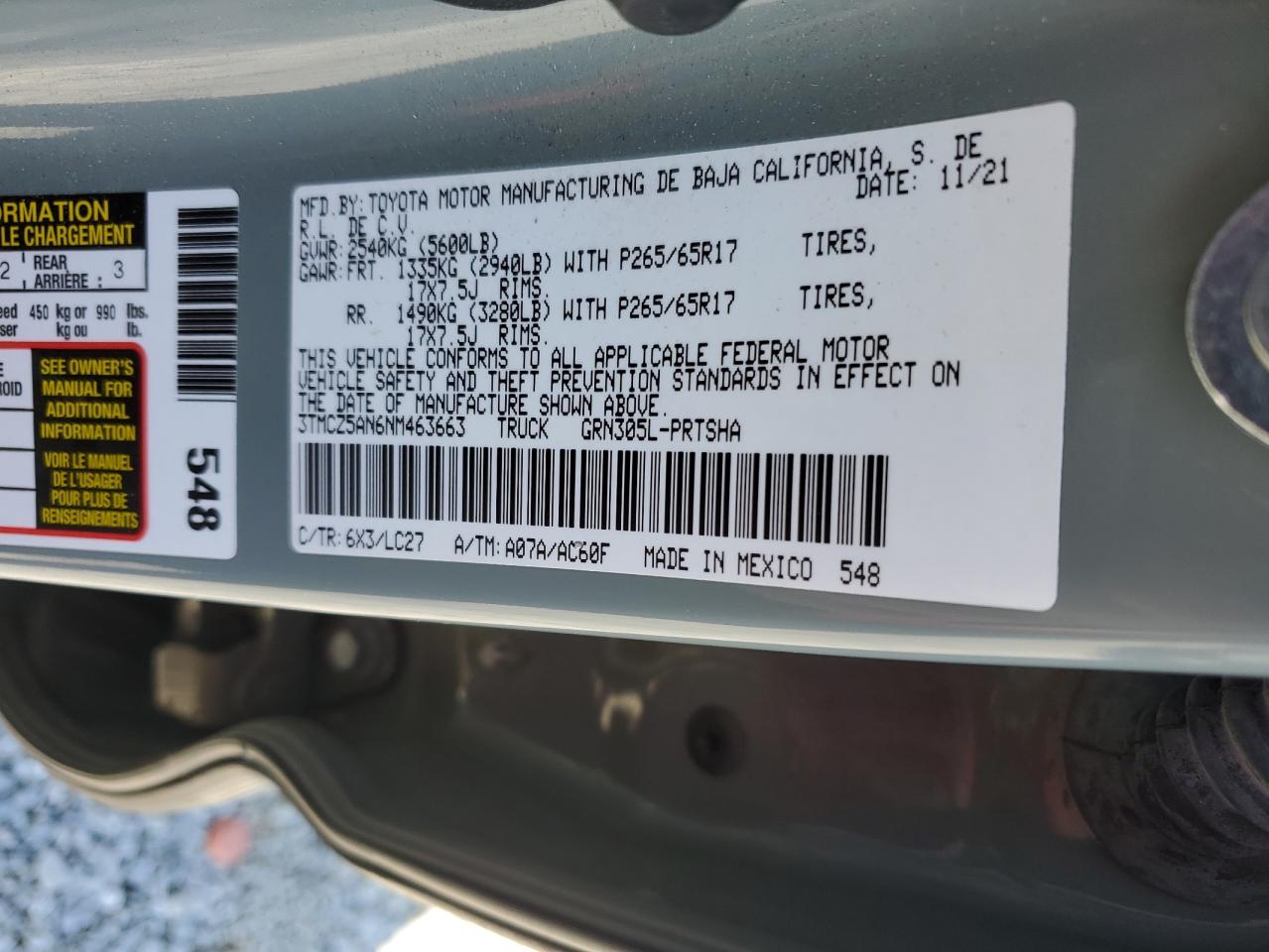 2022 TOYOTA TACOMA DOUBLE CAB VIN:3TMCZ5AN6NM463663
