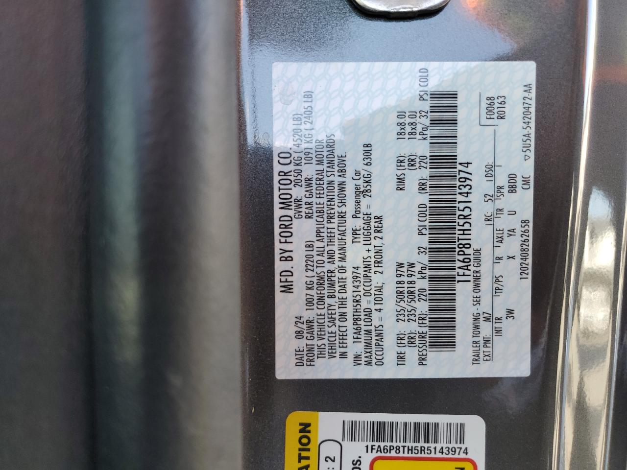 2024 FORD MUSTANG VIN:1FA6P8TH5R5143974