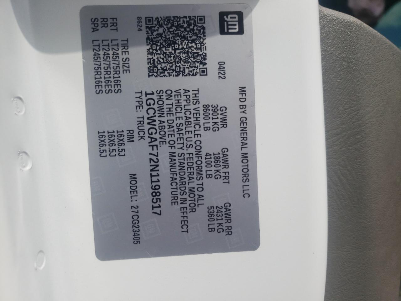 2022 CHEVROLET EXPRESS G2500 VIN:1GCWGAF72N1198517