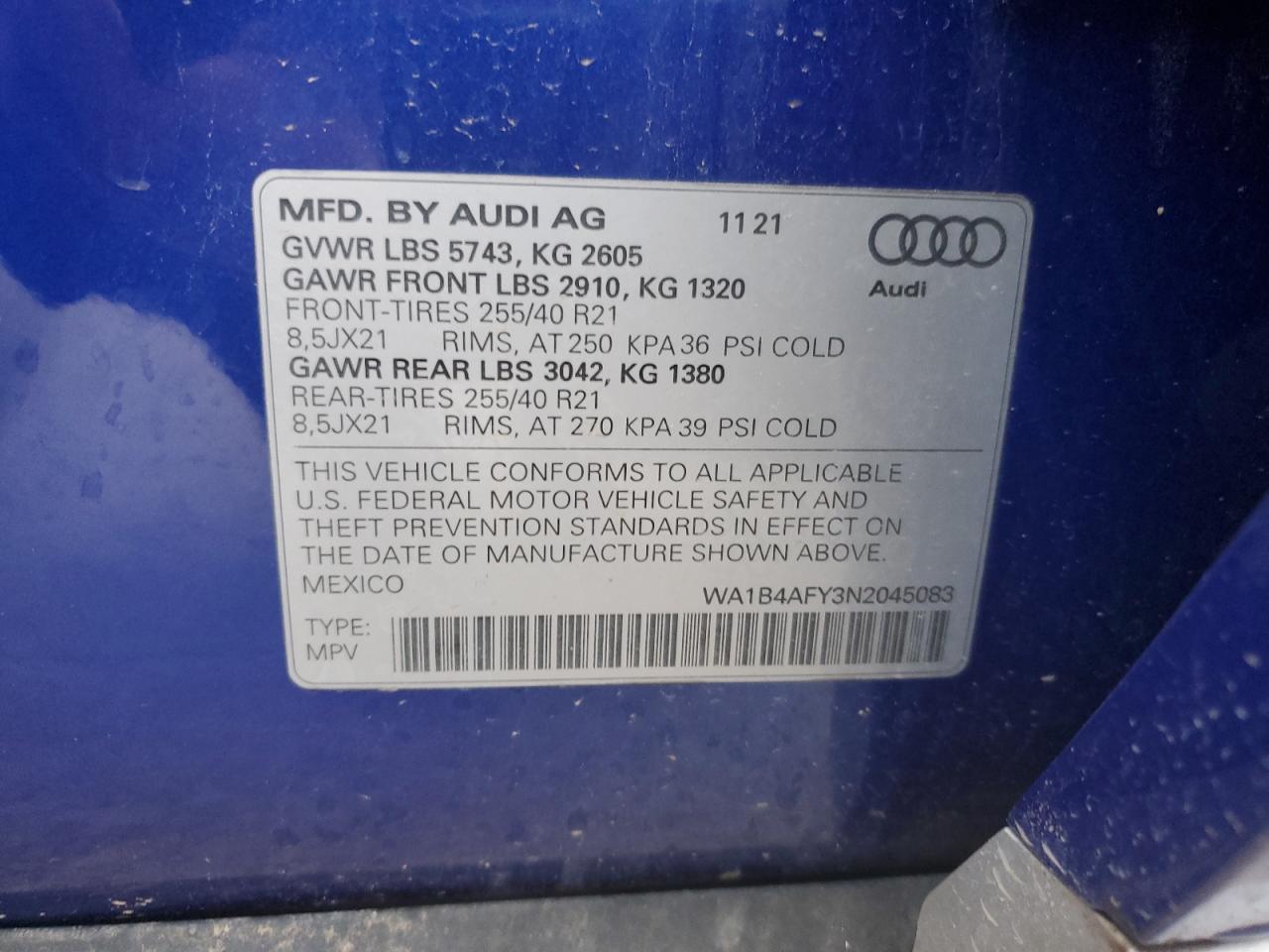 2022 AUDI SQ5 PREMIUM PLUS VIN:WA1B4AFY3N2045083