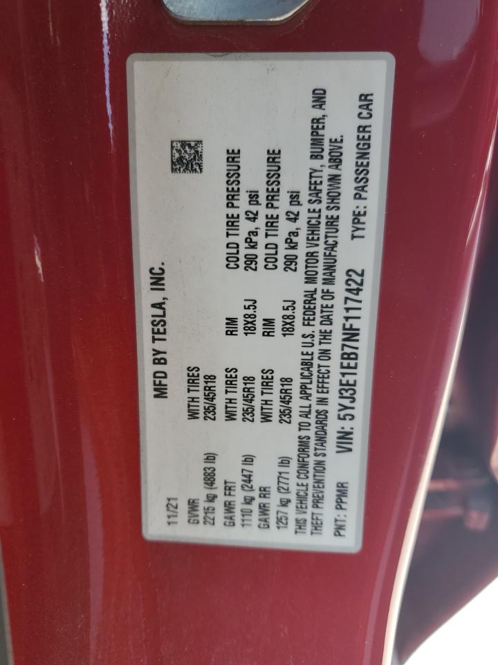 2022 TESLA MODEL 3 VIN:5YJ3E1EB7NF117422