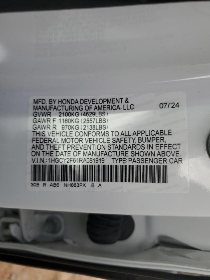 2024 HONDA ACCORD HYBRID EXL VIN:1HGCY2F61RA081919