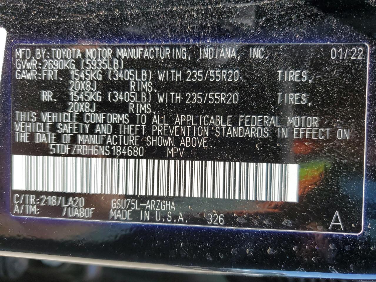 2022 TOYOTA HIGHLANDER PLATINUM VIN:5TDFZRBH6NS184680