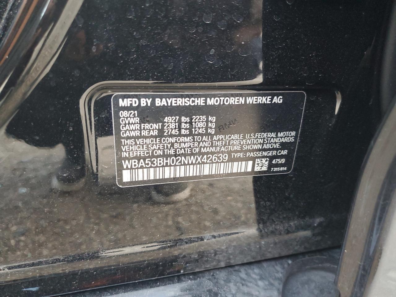 2022 BMW 530 I VIN:WBA53BH02NWX42639