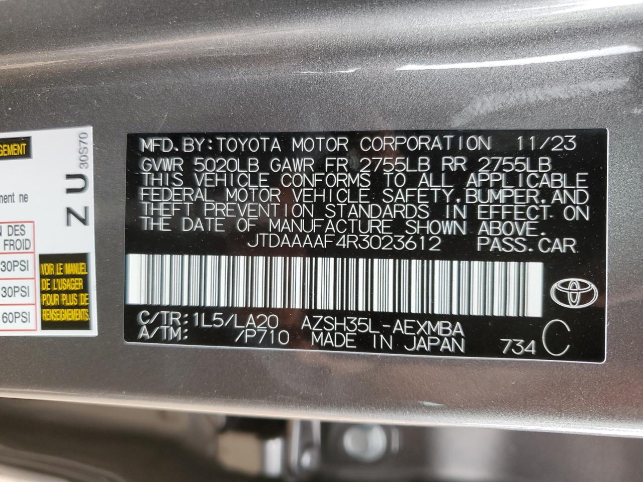 2024 TOYOTA CROWN XLE VIN:JTDAAAAF4R3023612