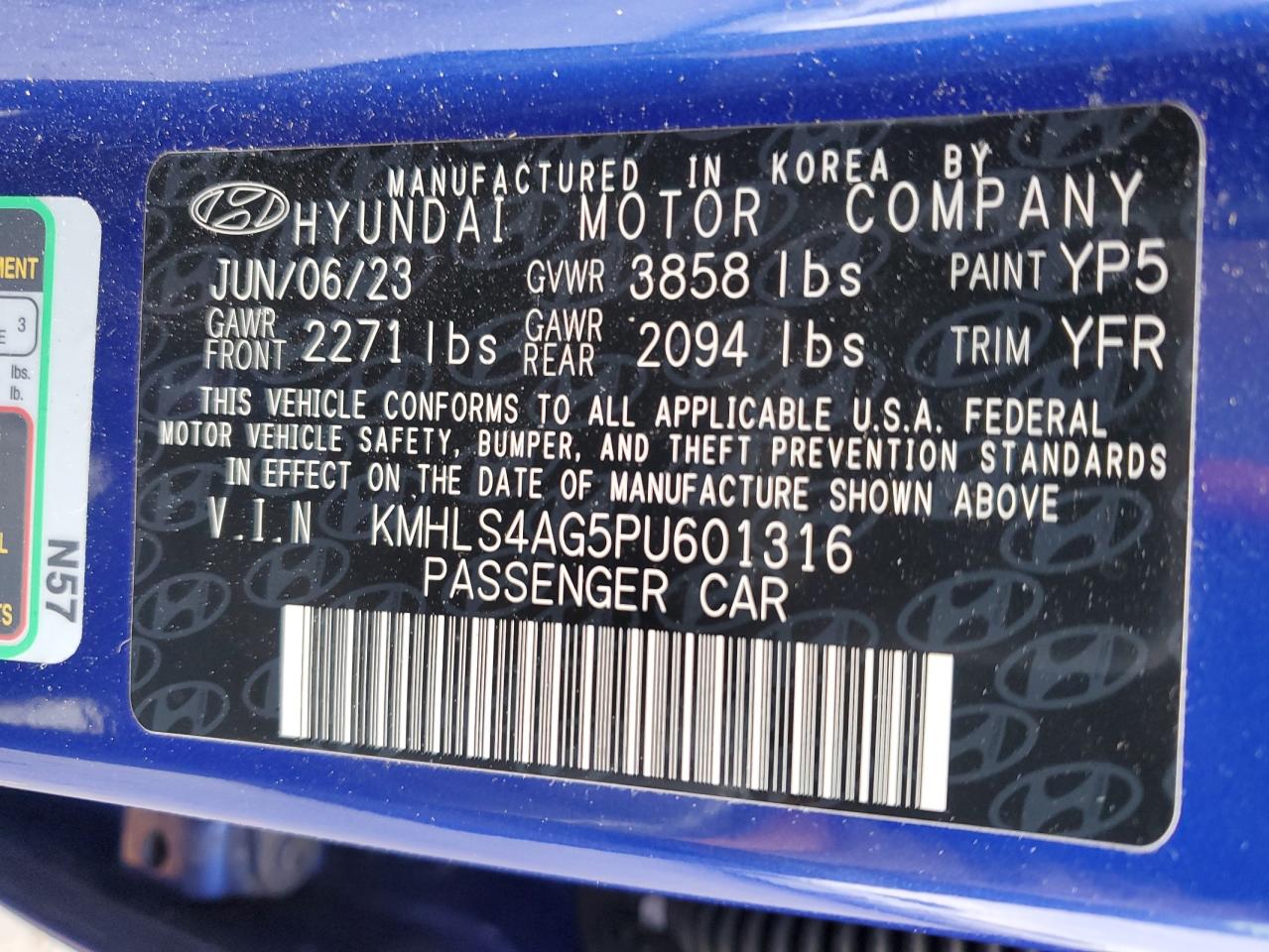 2023 HYUNDAI ELANTRA SEL VIN:KMHLS4AG5PU601316