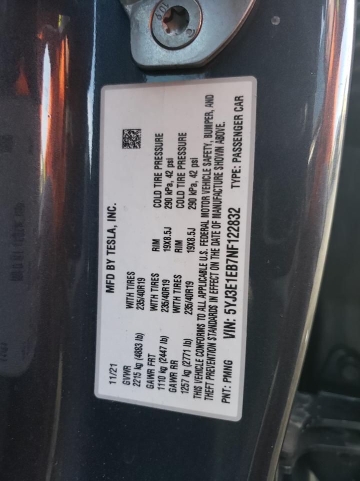 2022 TESLA MODEL 3 VIN:5YJ3E1EB7NF122832
