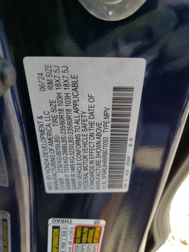 2024 HONDA ODYSSEY EXL VIN:5FNRL6H66RB070093