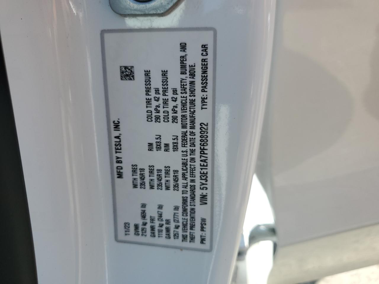 2023 TESLA MODEL 3 VIN:5YJ3E1EA7PF688922