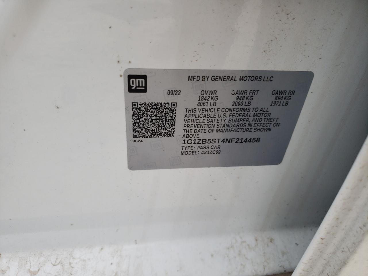 2022 CHEVROLET MALIBU LS VIN:1G1ZB5ST4NF214458