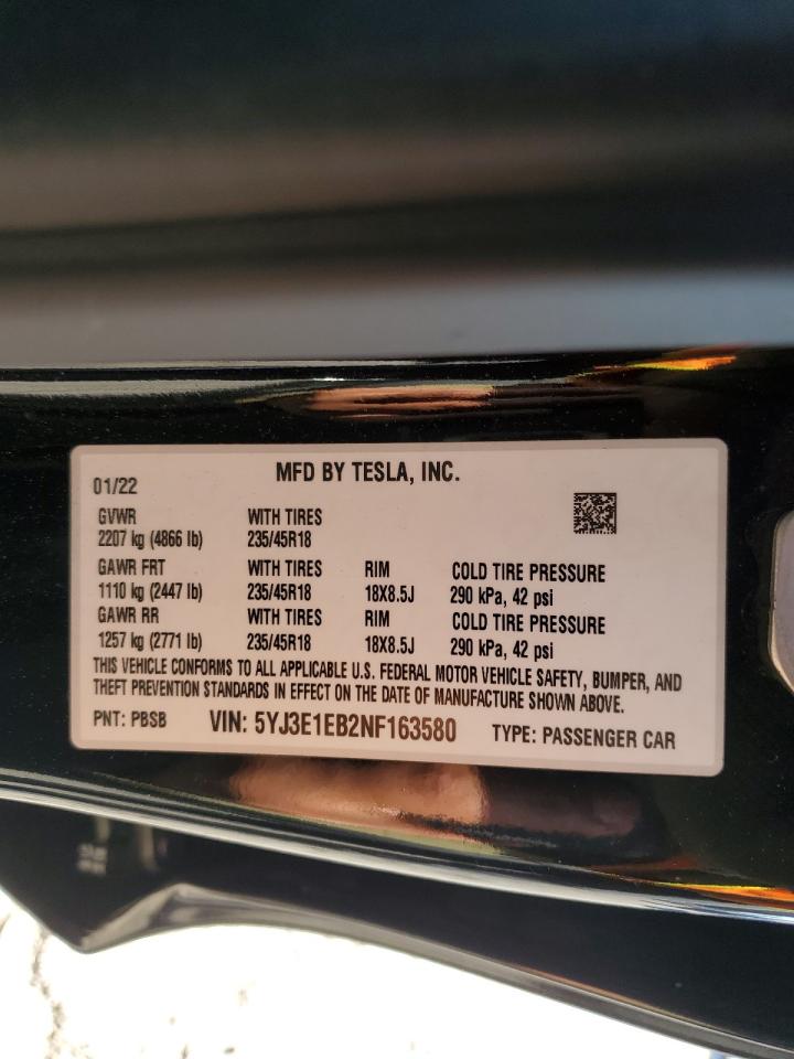 2022 TESLA MODEL 3 VIN:5YJ3E1EB2NF163580