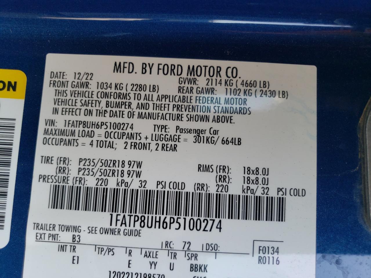 2023 FORD MUSTANG VIN:1FATP8UH6P5100274