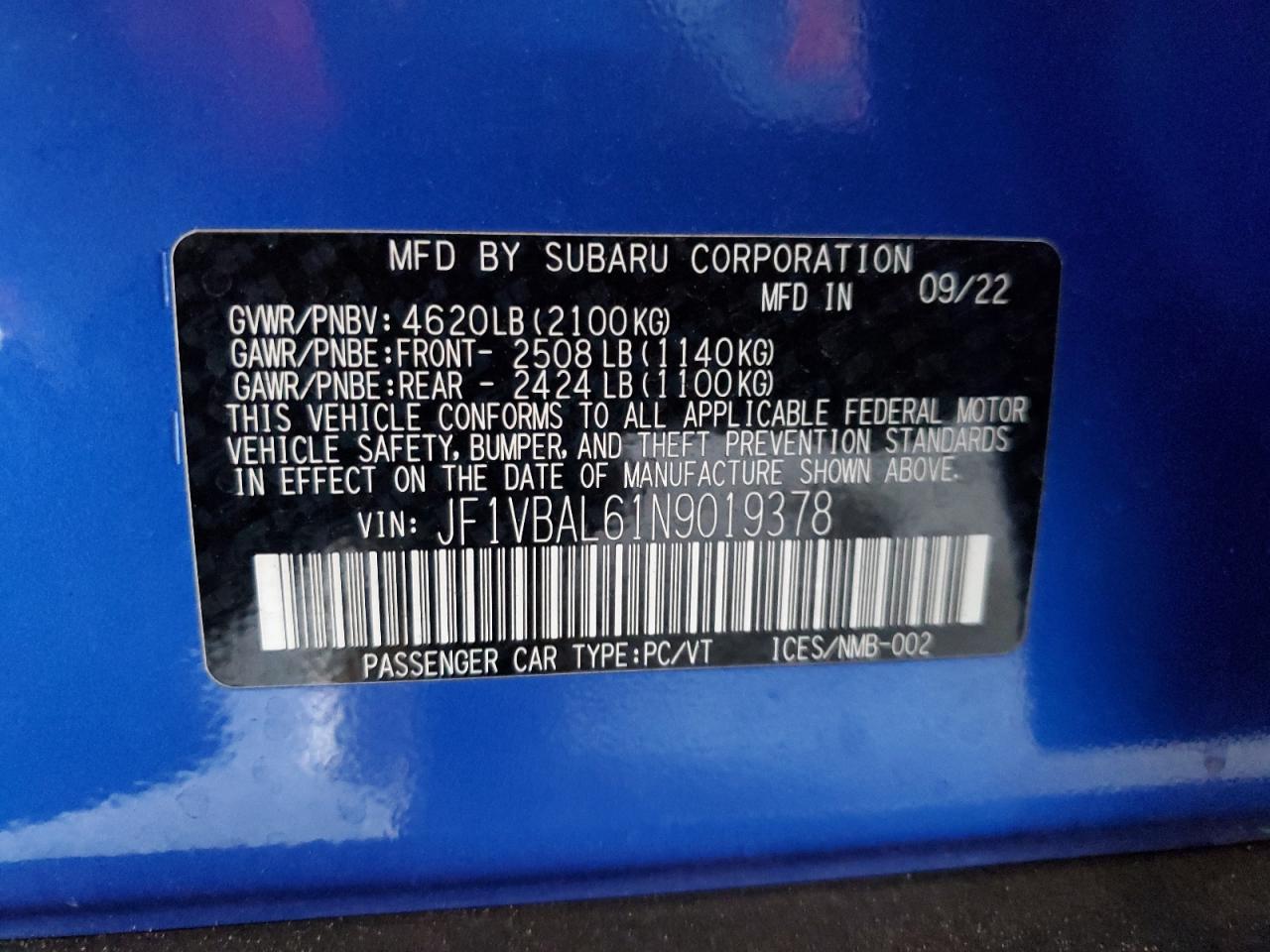 2022 SUBARU WRX LIMITED VIN:JF1VBAL61N9019378