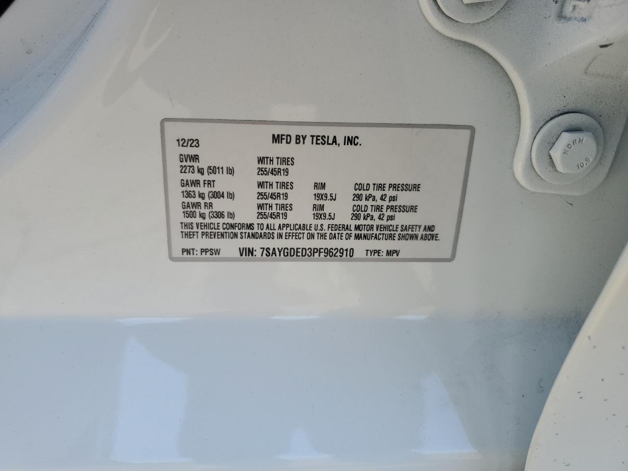2023 TESLA MODEL Y VIN:7SAYGDED3PF962910