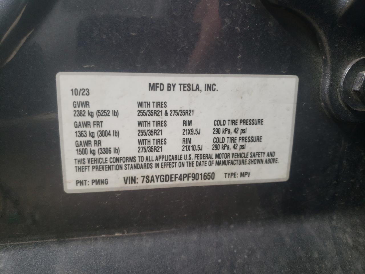 2023 TESLA MODEL Y VIN:WP0AA2A8XNS255297