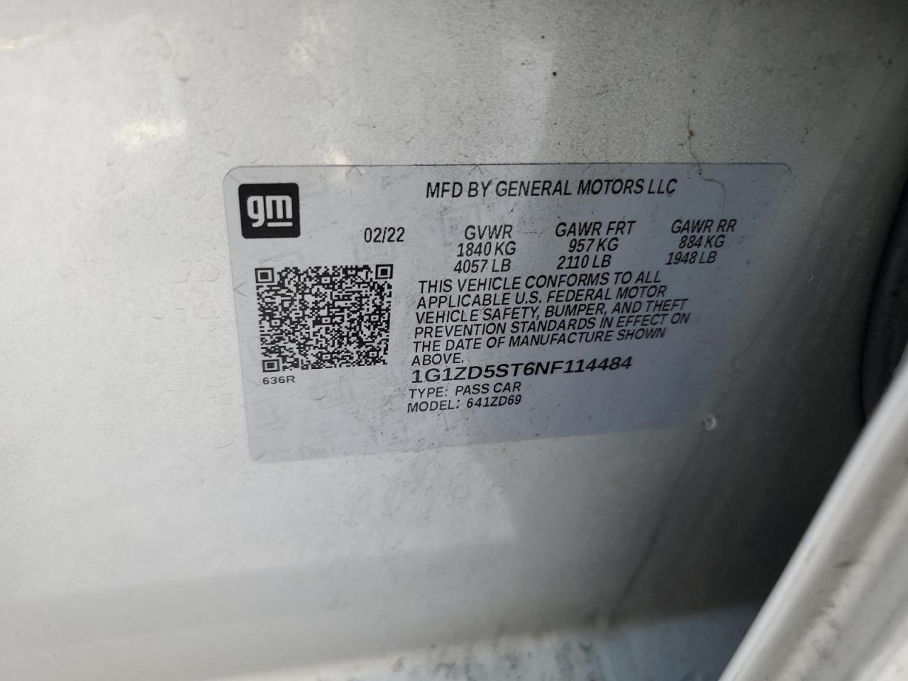 2022 CHEVROLET MALIBU LT VIN:1G1ZD5ST6NF114484