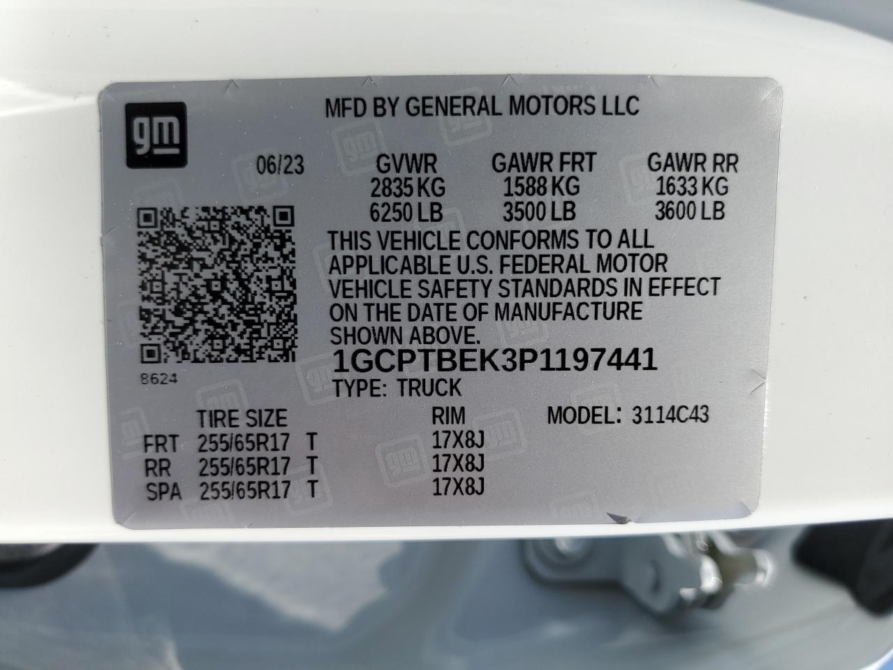 2023 CHEVROLET COLORADO VIN:1GCPTBEK3P1197441