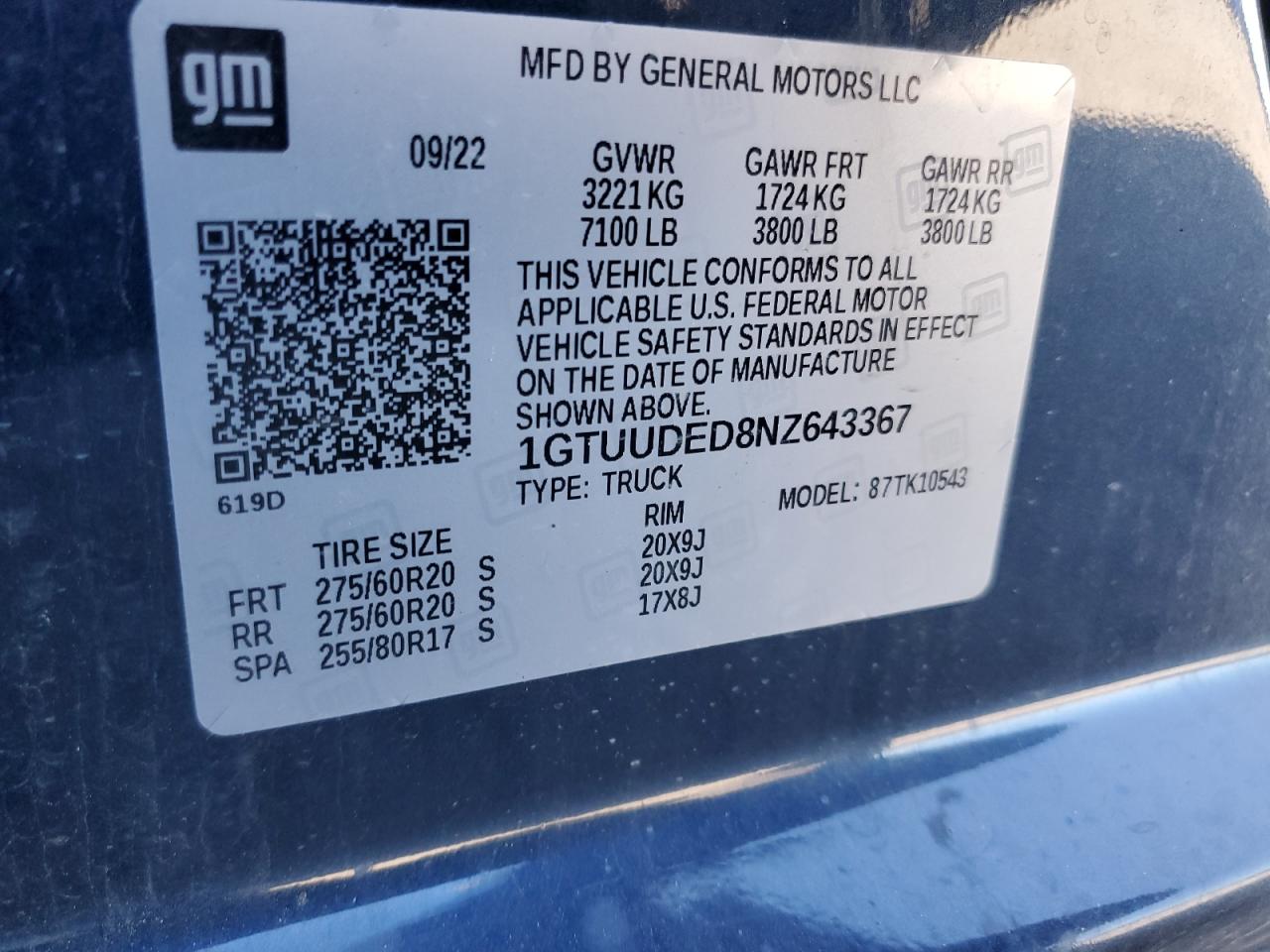2022 GMC SIERRA K1500 SLT VIN:1GTUUDED8NZ643367