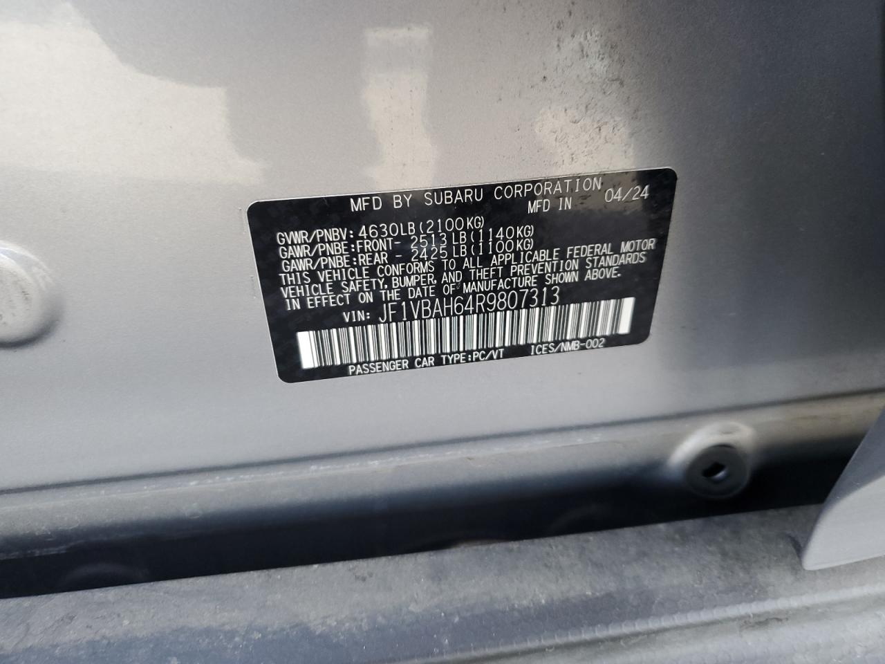 2024 SUBARU WRX PREMIUM VIN:JF1VBAH64R9807313