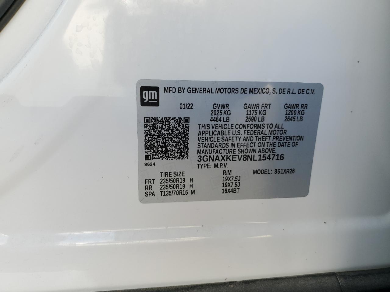 2022 CHEVROLET EQUINOX LT VIN:3GNAXKEV8NL154716