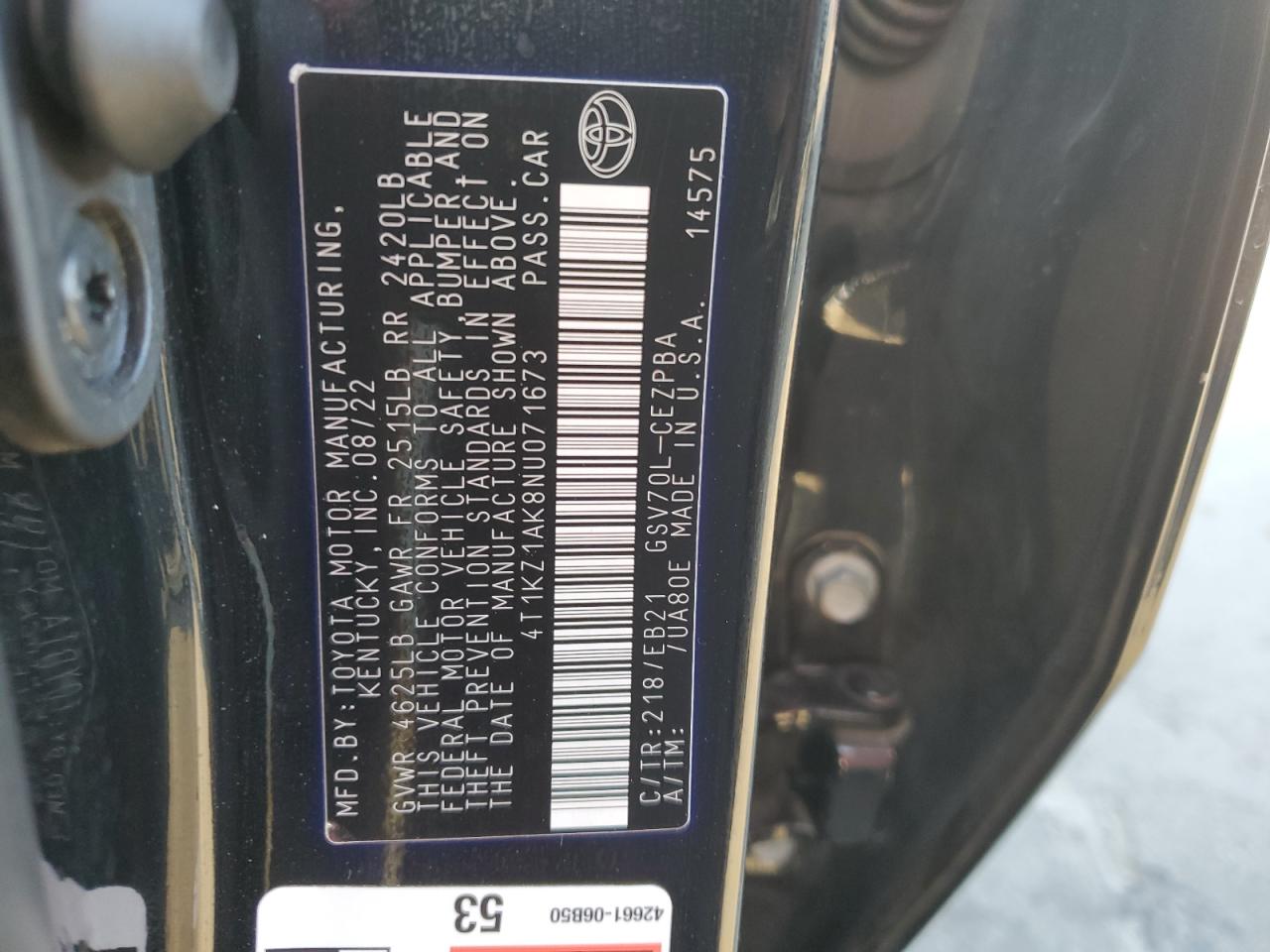 2022 TOYOTA CAMRY TRD VIN:4T1KZ1AK8NU071673
