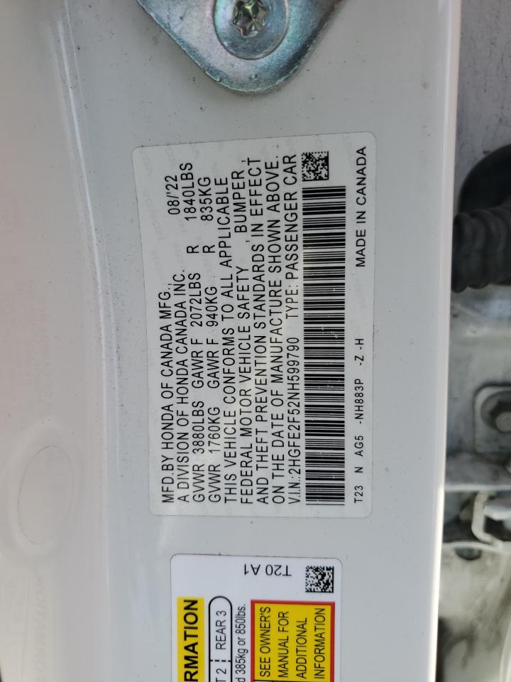 2022 HONDA CIVIC SPORT VIN:2HGFE2F52NH599790