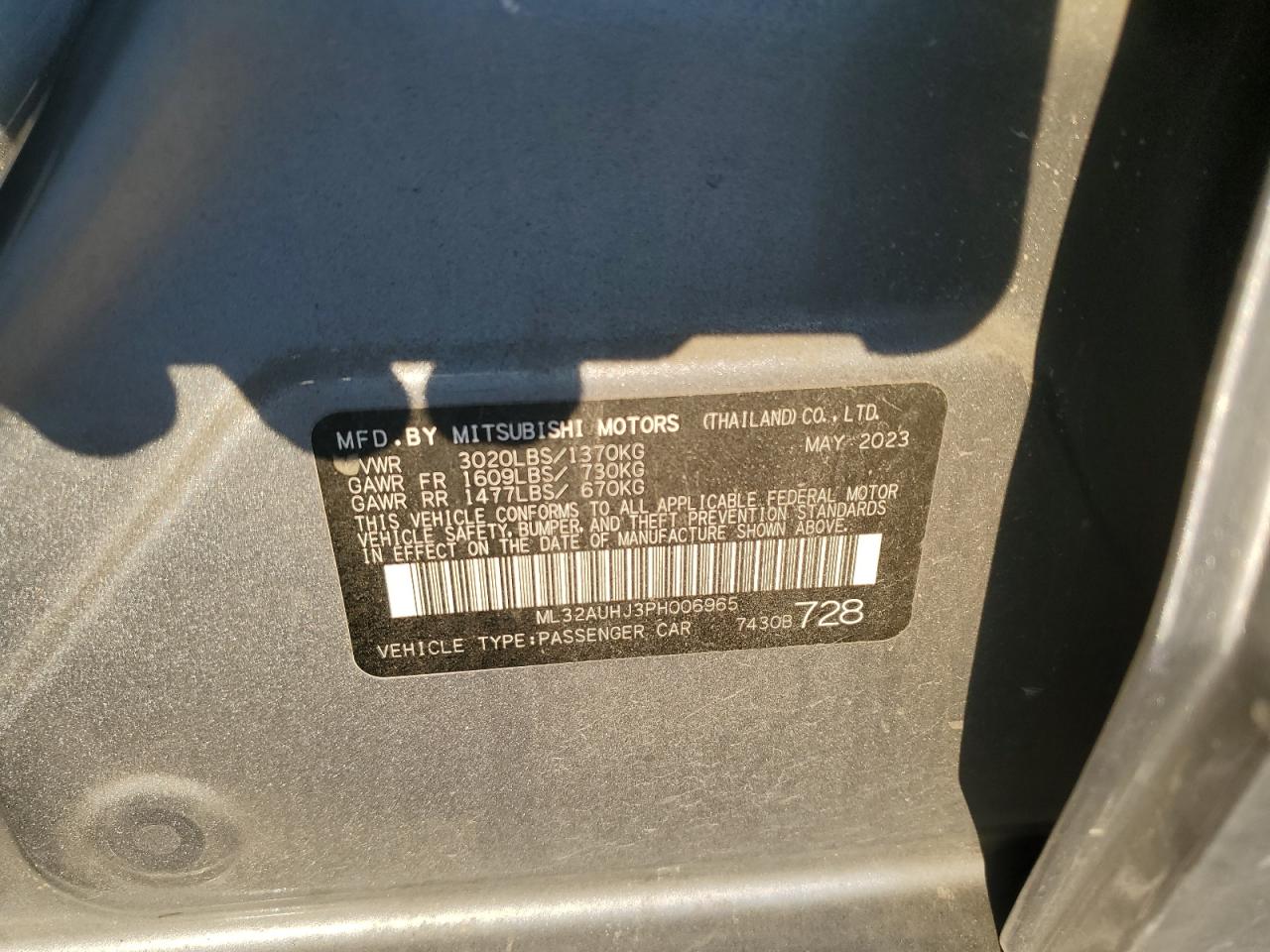 2023 MITSUBISHI MIRAGE ES VIN:ML32AUHJ3PH006965