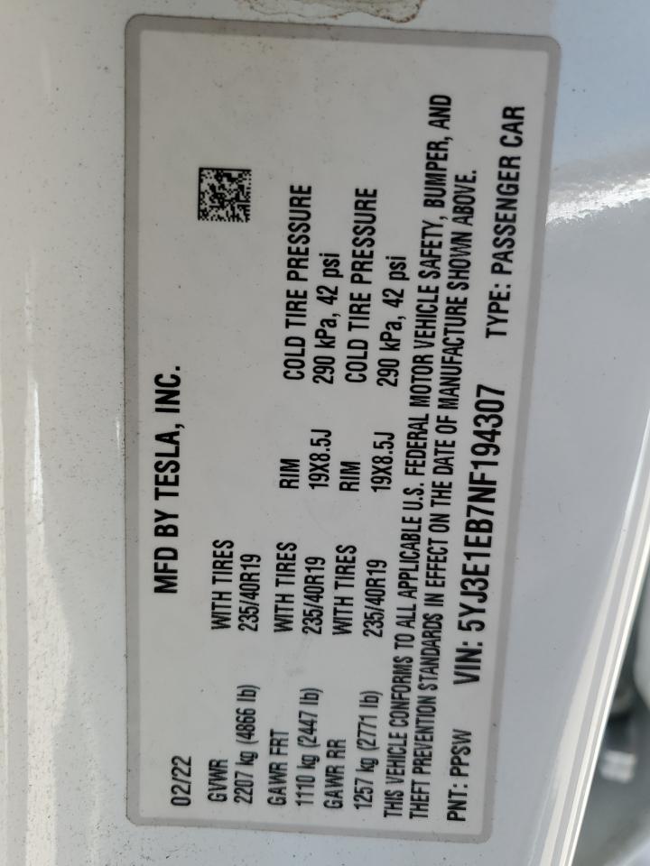 2022 TESLA MODEL 3 VIN:5YJ3E1EB7NF194307
