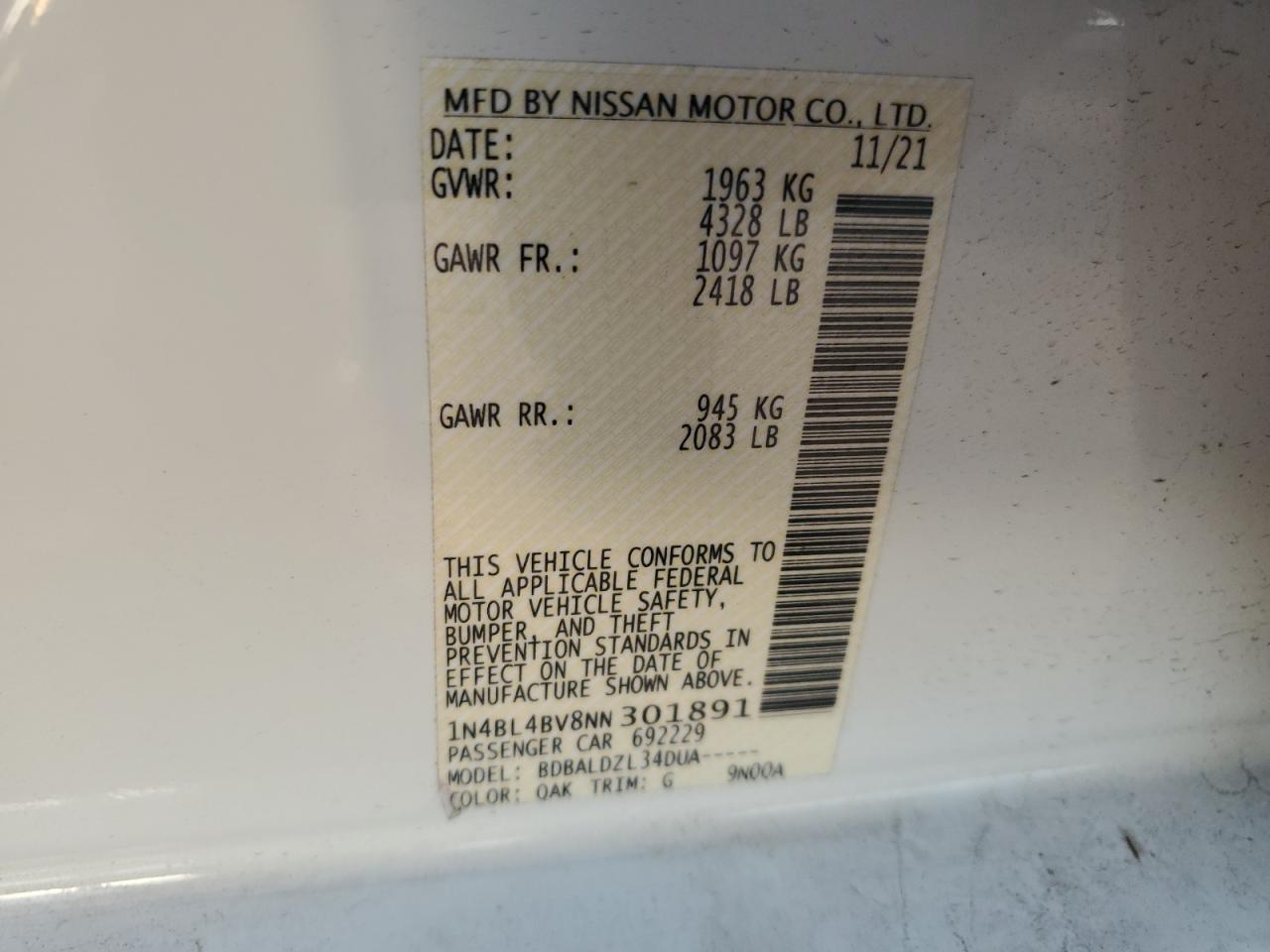 2022 NISSAN ALTIMA S VIN:1N4BL4BV8NN301891