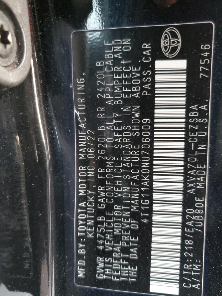 2022 TOYOTA CAMRY SE VIN:4T1G11AK0NU706009