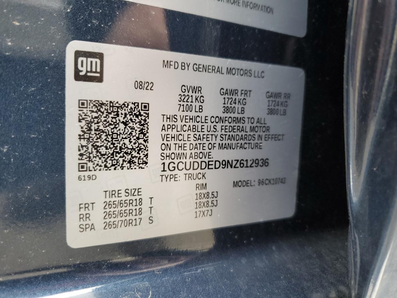 2022 CHEVROLET SILVERADO K1500 LT VIN:1GCUDDED9NZ612936