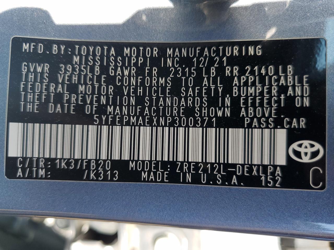 2022 TOYOTA COROLLA LE VIN:5YFEPMAEXNP300371